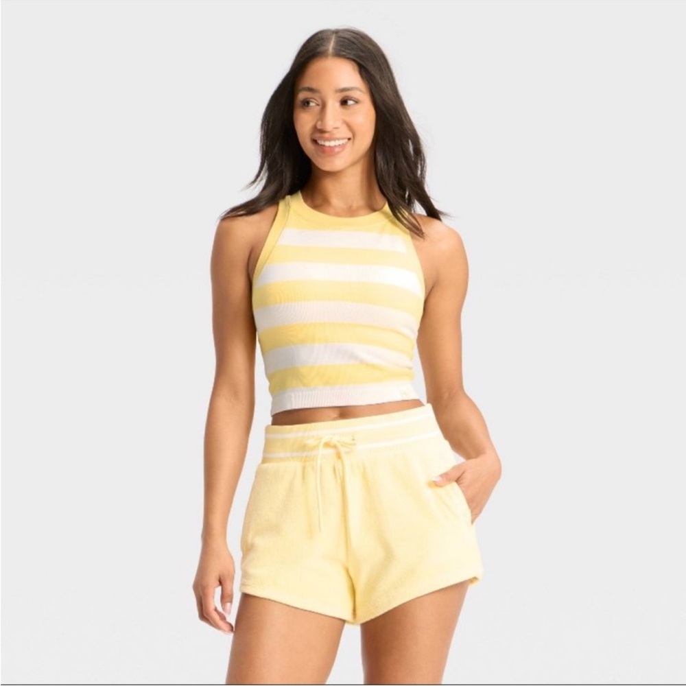 JoyLab Yellow & White Stripe Ribbed Seamless Support Tank Sports Bra
